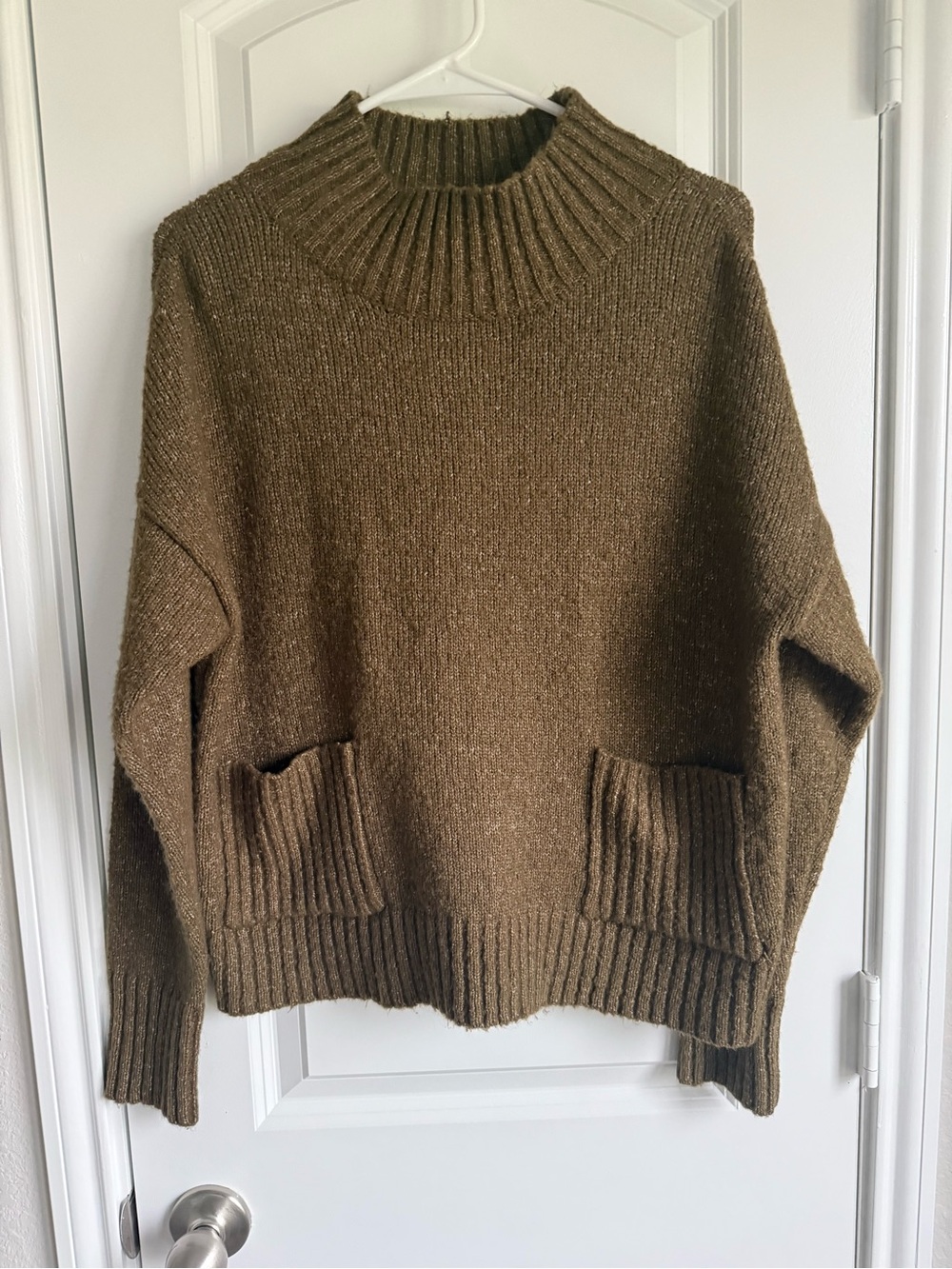 Relaxed Olive Cowl-Neck Pocket Sweater
